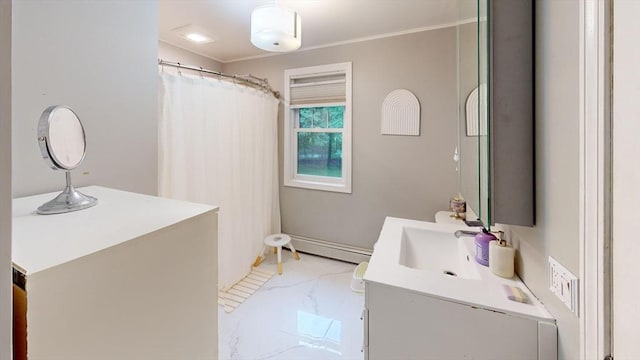 330 Arbor St, Lunenburg, MA 01462 - full bath with a baseboard heating unit, marble finish flooring, vanity, ornamental molding, and a shower with shower curtain