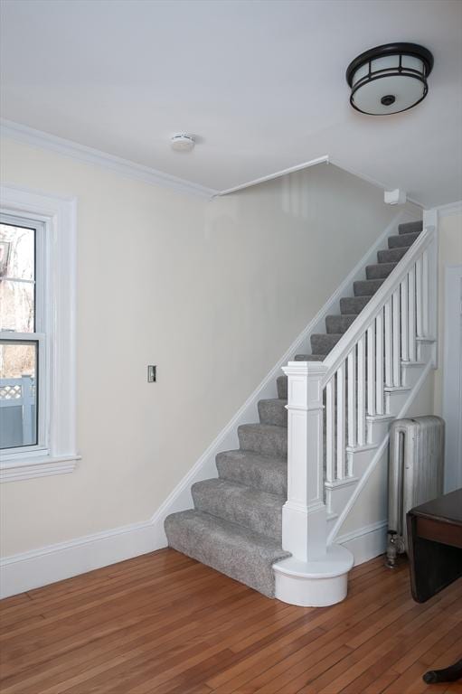 stairs with crown molding, radiator heating unit, baseboards, and wood finished floors