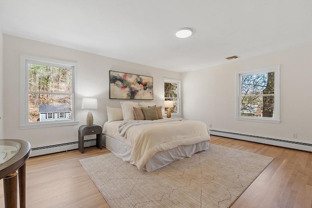bedroom featuring baseboard heating, wood finished floors, and visible vents