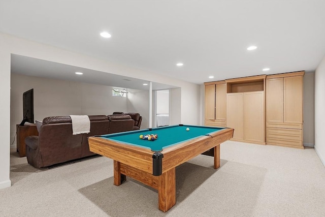 recreation room with pool table, baseboards, light carpet, and recessed lighting