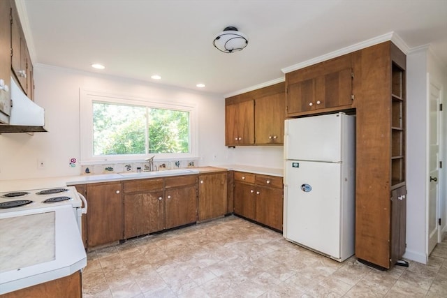 53 Iduna Ln, Amherst, MA 01002 - kitchen with freestanding refrigerator, brown cabinets, light countertops, range hood, and ornamental molding
