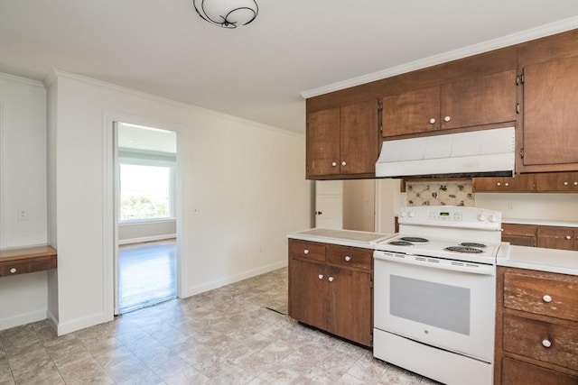 53 Iduna Ln, Amherst, MA 01002 - kitchen featuring electric stove, exhaust hood, crown molding, light countertops, and brown cabinetry