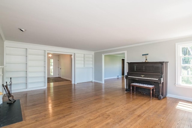 53 Iduna Ln, Amherst, MA 01002 - living area featuring crown molding, built in shelves, and light wood finished floors