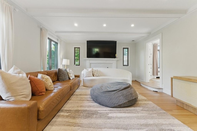 15 Park Ave, Newton, MA 02458 - living room with light wood-style flooring, plenty of natural light, beam ceiling, baseboards, and recessed lighting