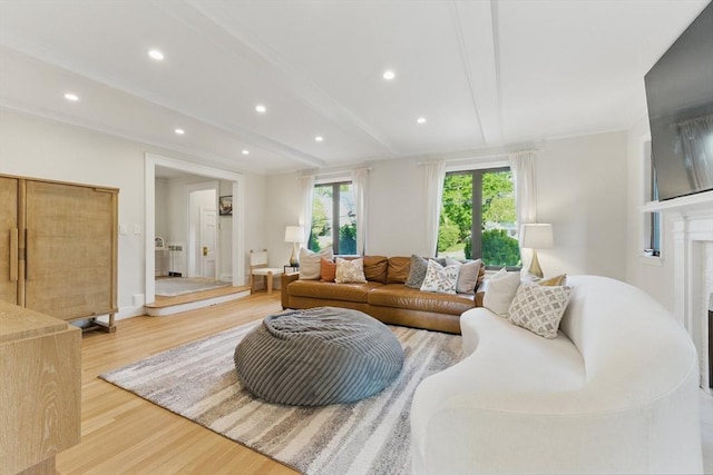 15 Park Ave, Newton, MA 02458 - living area featuring light wood-style flooring, beamed ceiling, and recessed lighting
