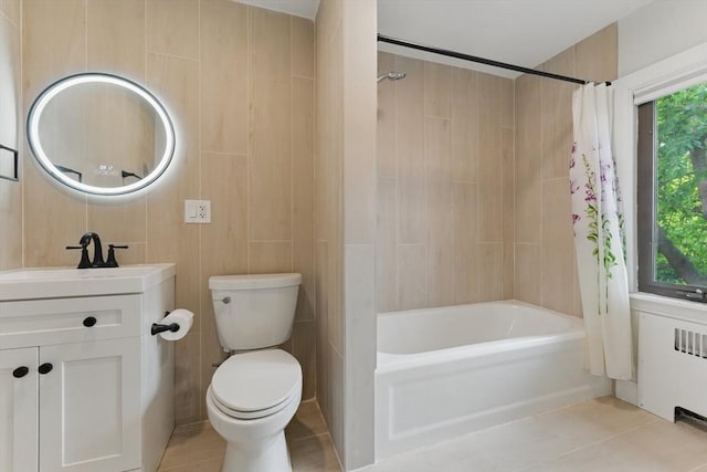 15 Park Ave, Newton, MA 02458 - bathroom with toilet, tile patterned flooring, shower / bathtub combination with curtain, vanity, and radiator