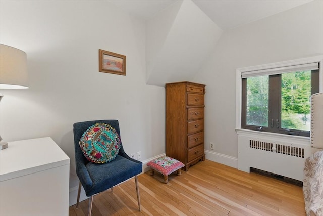 15 Park Ave, Newton, MA 02458 - living area featuring radiator heating unit, light wood-style flooring, vaulted ceiling, and baseboards
