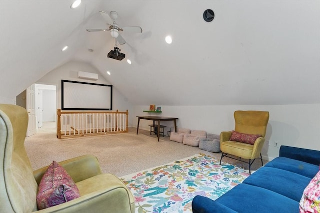 15 Park Ave, Newton, MA 02458 - home theater featuring lofted ceiling, carpet flooring, a wall unit AC, a ceiling fan, and recessed lighting