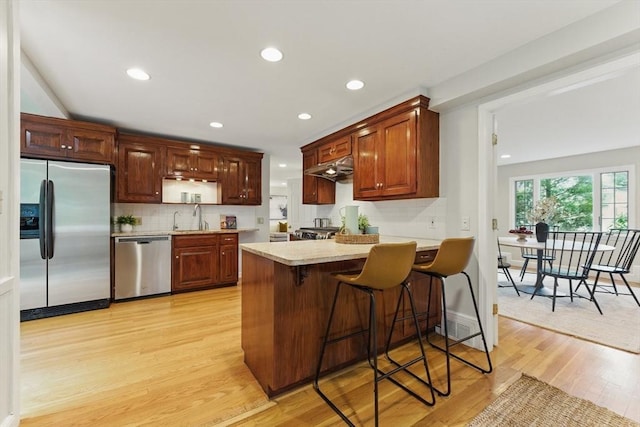 6 Willow Park, Wellesley, MA 02481 - kitchen featuring appliances with stainless steel finishes, a sink, light countertops, light wood-type flooring, and a peninsula