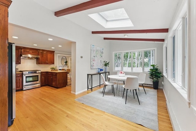 6 Willow Park, Wellesley, MA 02481 - dining room featuring a skylight, light wood-type flooring, recessed lighting, a baseboard radiator, and baseboards