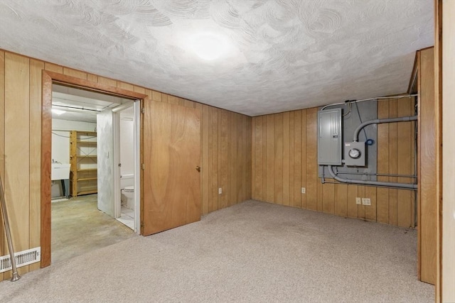 6 Willow Park, Wellesley, MA 02481 - finished basement with electric panel, wooden walls, carpet floors, and a textured ceiling