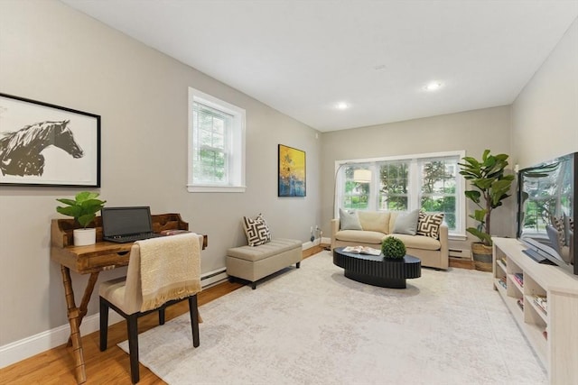 6 Willow Park, Wellesley, MA 02481 - office area featuring wood finished floors, a baseboard heating unit, baseboards, recessed lighting, and baseboard heating
