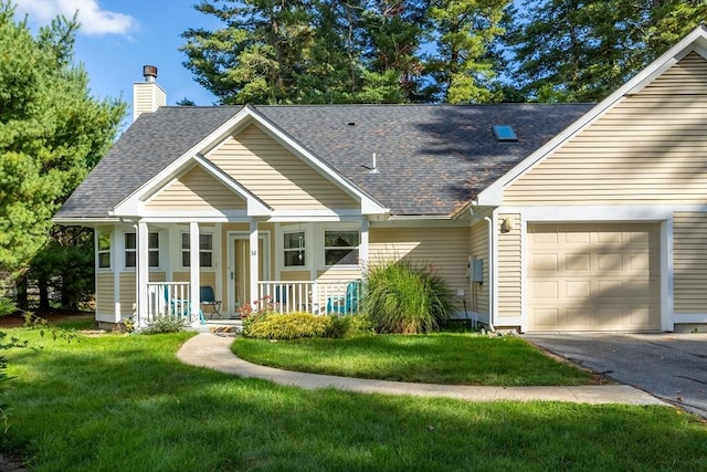 view of front of house featuring a porch, roof with shingles, a front yard, a chimney, and a garage