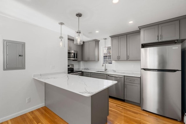 kitchen featuring sink, stainless steel appliances, electric panel, kitchen peninsula, and light wood-type flooring