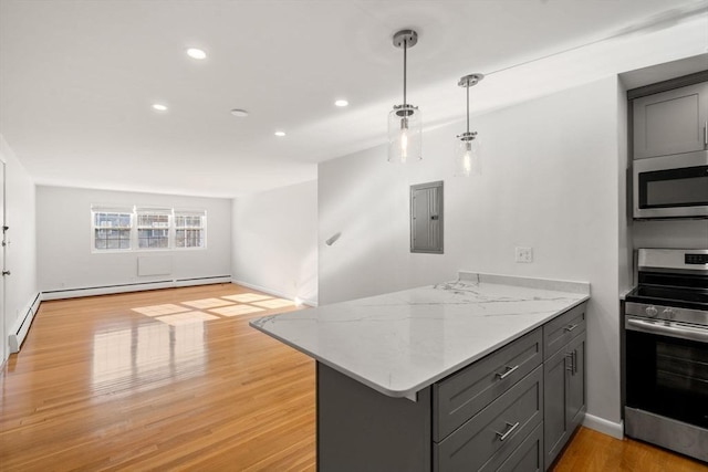 kitchen with appliances with stainless steel finishes, electric panel, light stone countertops, decorative light fixtures, and kitchen peninsula