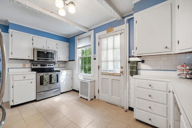 60 Brookfield Rd, Sturbridge, MA 01518 - kitchen featuring stainless steel appliances, radiator, light countertops, beam ceiling, and backsplash