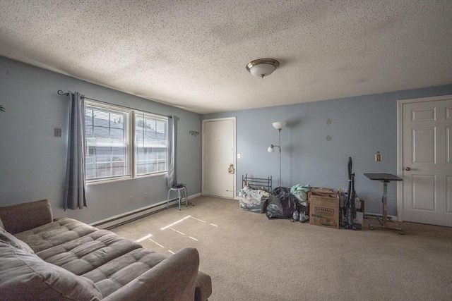 carpeted living room featuring a textured ceiling, baseboards, and a baseboard radiator