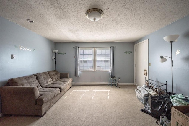 living room featuring baseboards, a textured ceiling, a baseboard heating unit, and carpet