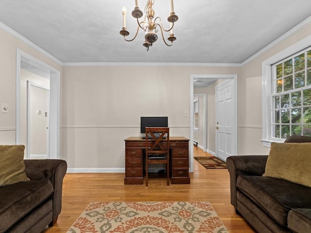 182 W Main St, Westborough, MA 01581 - living room featuring a chandelier, wood finished floors, crown molding, baseboards, and an office area