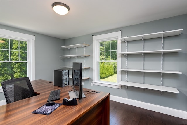 unfurnished office featuring plenty of natural light and hardwood / wood-style floors