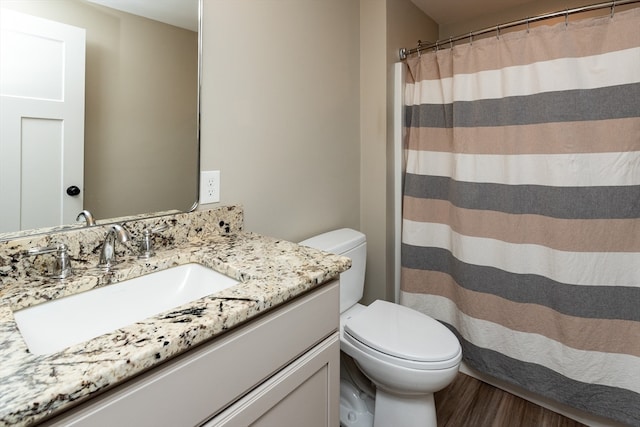 bathroom featuring toilet, hardwood / wood-style floors, and vanity