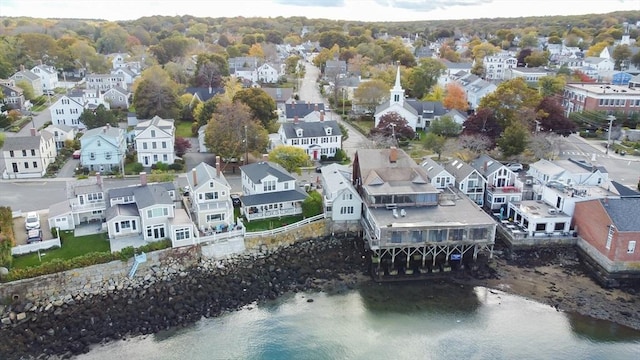 aerial view featuring a water view and a residential view
