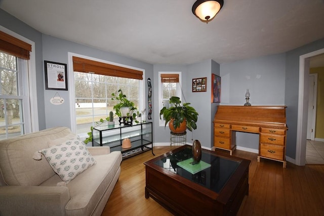 living area featuring plenty of natural light, baseboards, and wood finished floors