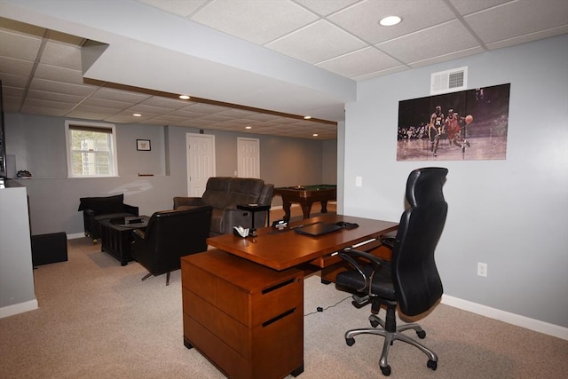 office space with light carpet, visible vents, baseboards, a paneled ceiling, and recessed lighting