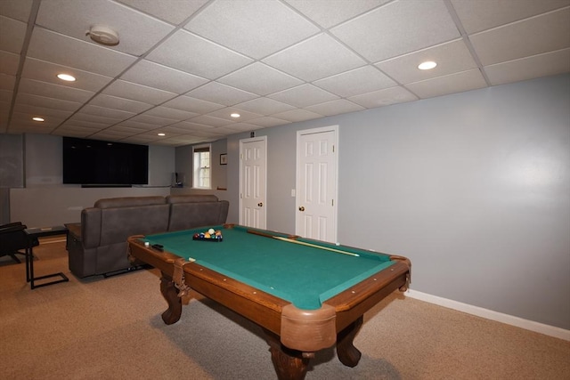 recreation room featuring baseboards, carpet flooring, and recessed lighting