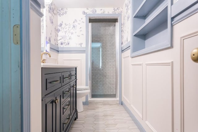 70 Oak St, Norton, MA 02766 - full bath featuring a stall shower, vanity, a wainscoted wall, tile patterned flooring, and a decorative wall