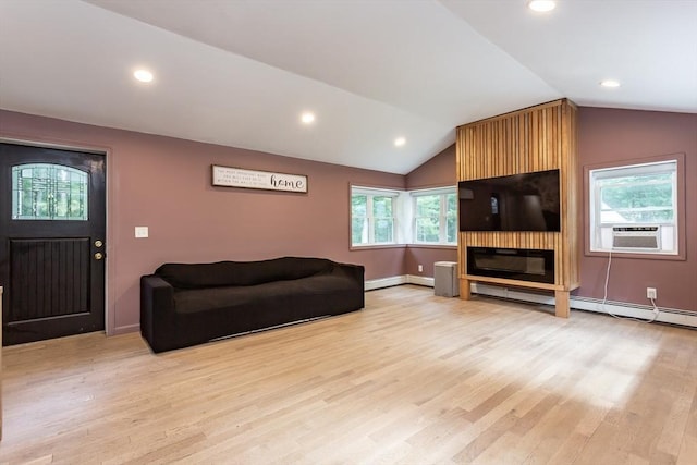 70 Oak St, Norton, MA 02766 - living room with cooling unit, vaulted ceiling, light wood-style floors, a baseboard radiator, and recessed lighting