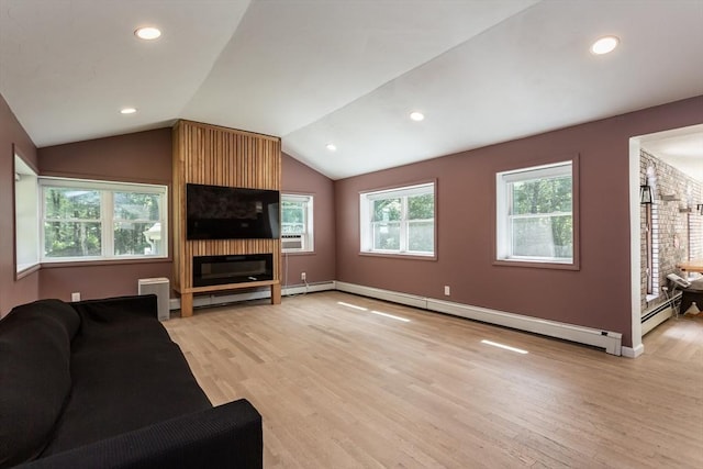 70 Oak St, Norton, MA 02766 - living area featuring light wood-style floors, lofted ceiling, recessed lighting, a baseboard heating unit, and a fireplace
