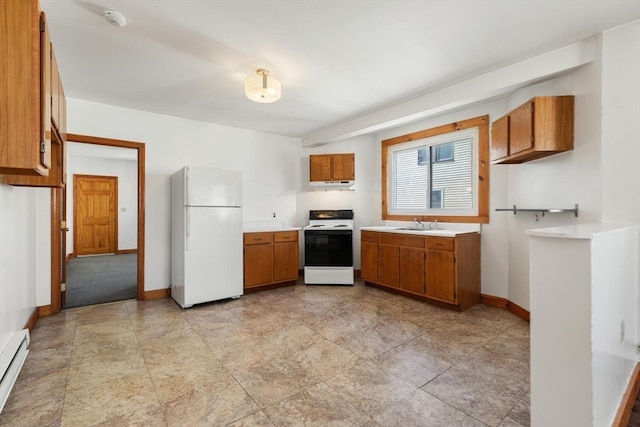 kitchen featuring white appliances, sink, and a baseboard radiator