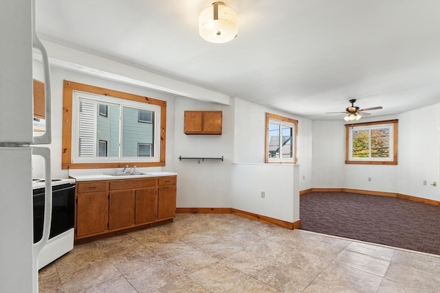 kitchen featuring white electric stove, ceiling fan, and sink