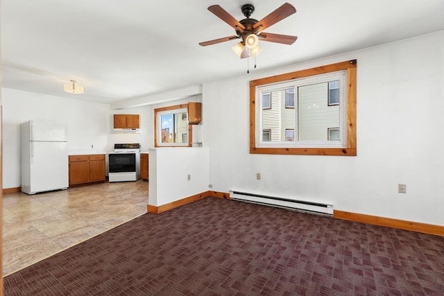 unfurnished living room featuring ceiling fan and a baseboard heating unit