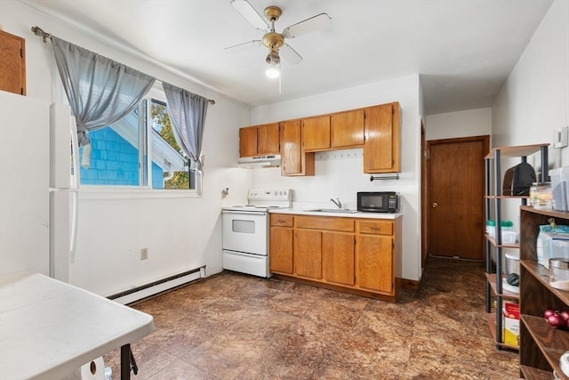 kitchen featuring white range with electric stovetop, ceiling fan, sink, and a baseboard heating unit