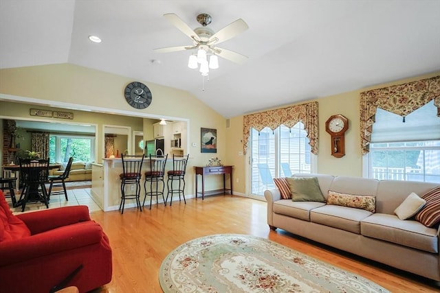 80 Summer St, Walpole, MA 02071 - living area featuring vaulted ceiling, wood finished floors, ceiling fan, and recessed lighting