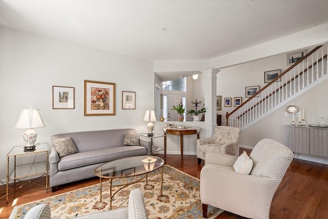 8 Heartwood Way Unit 8, Hopkinton, MA 01748 - living area with stairway, wood finished floors, decorative columns, and baseboards