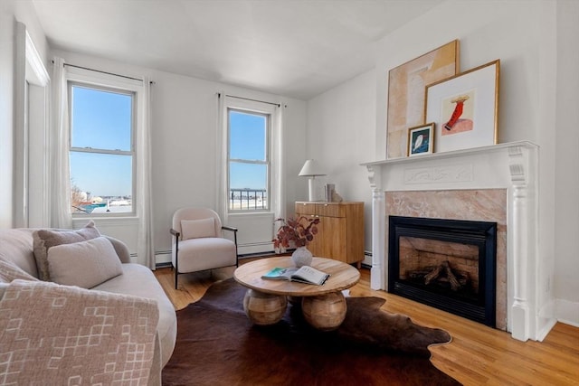 living area featuring hardwood / wood-style flooring, a baseboard radiator, and a fireplace