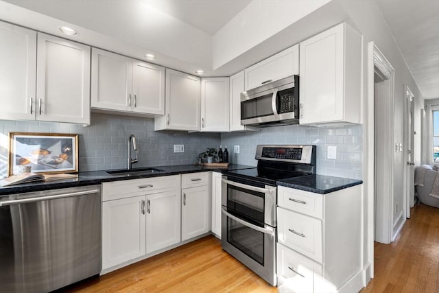 kitchen featuring decorative backsplash, sink, white cabinets, and appliances with stainless steel finishes