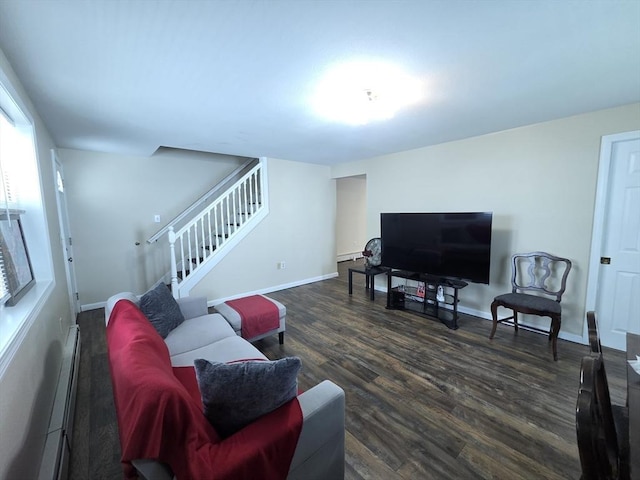 2018-2020 Prospect St, Palmer, MA 01080 - living area featuring stairway, dark wood-style flooring, a baseboard heating unit, and baseboards