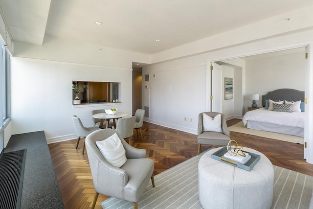 living room with dark parquet flooring