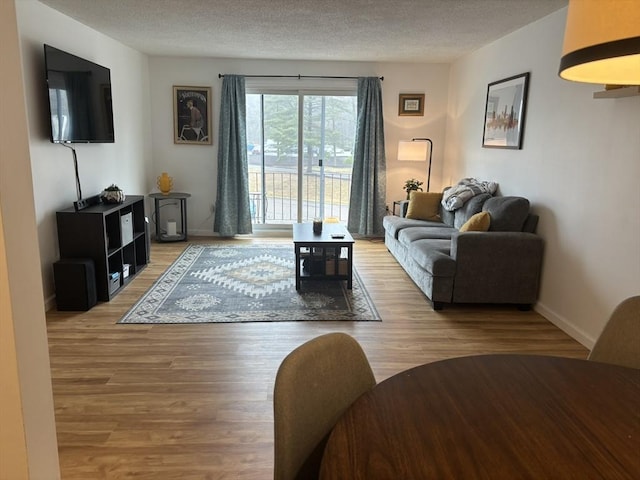 living room with a textured ceiling and hardwood / wood-style flooring