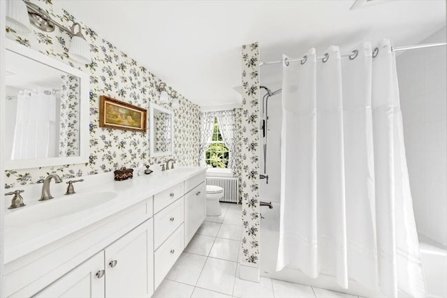 685 Highland St, Marshfield, MA 02050 - full bathroom with wallpapered walls, double vanity, radiator, tile patterned flooring, and shower / bath combo