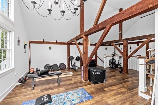 685 Highland St, Marshfield, MA 02050 - workout room featuring high vaulted ceiling, wood finished floors, and a chandelier