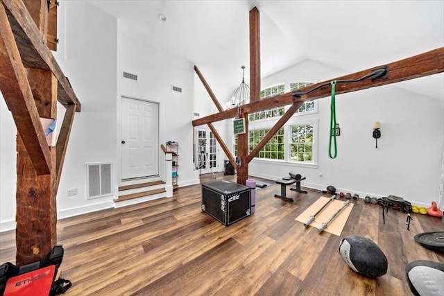685 Highland St, Marshfield, MA 02050 - workout area featuring wood finished floors and high vaulted ceiling