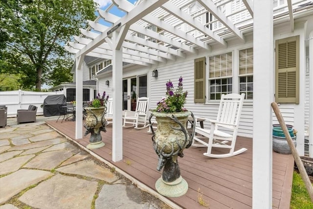 685 Highland St, Marshfield, MA 02050 - wooden terrace featuring a pergola, outdoor dining space, and area for grilling