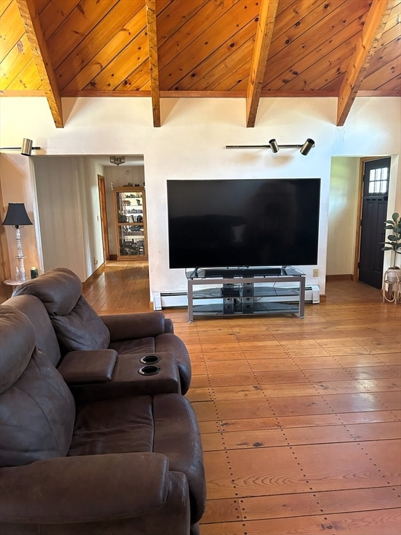 living room with wood-type flooring, wooden ceiling, and vaulted ceiling with beams