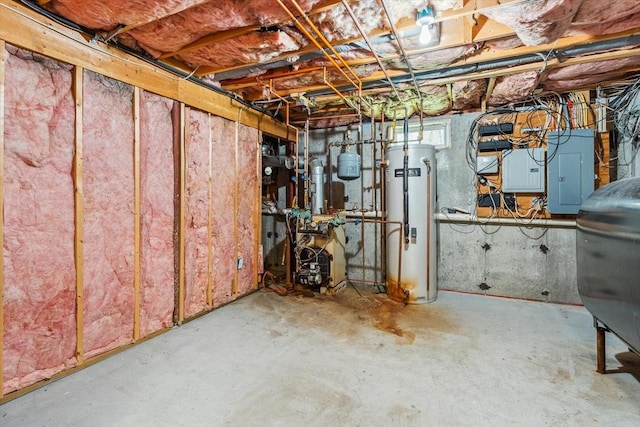 unfinished below grade area featuring a heating unit, water heater, and electric panel