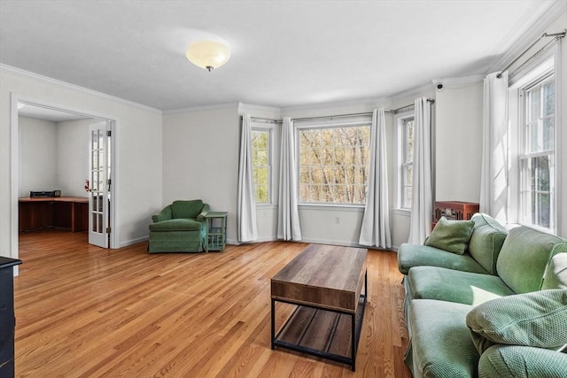 living area featuring light wood-style floors, baseboards, and ornamental molding